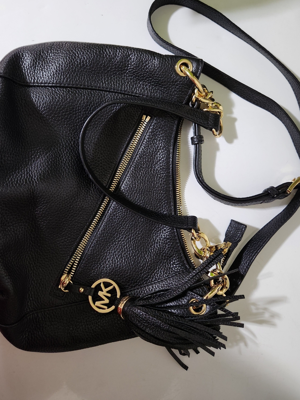 Michael Kors Black Leather Tassel Shoulder Bag with Gold Hardware